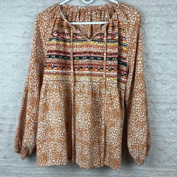 Tops - Gorgeous embroidered smocked tunic with muted oranges Large